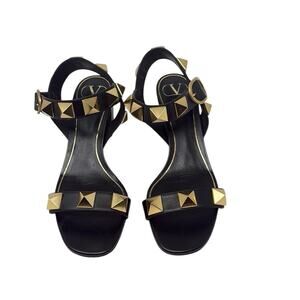 Valentino Garavani Roman Stud Sandals Leather Mid Heel Black Gold